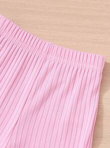 2pcs Young Girl' Plain Ribbed Crew Neck Pearl Short Sleeve Top And Flared Pants Set, Casual Summer Outfit Summer Holiday