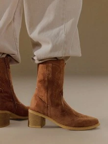 Styleloop Giày bốt cao bồi phong cách Âu Mỹ dành cho nữ, đế dày chống trượt, thêu thủ công, mềm mại và thoải mái, màu nâu thích hợp cho tiệc Halloween, trang phục cao bồi, cốt lõi - màu nâu - Xem 4