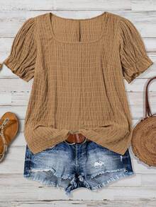 SHEIN VCAY Plus Size Solid Color Square Neck Casual Versatile Short Sleeve Shirt, Summer - Mocha Brown - View 1