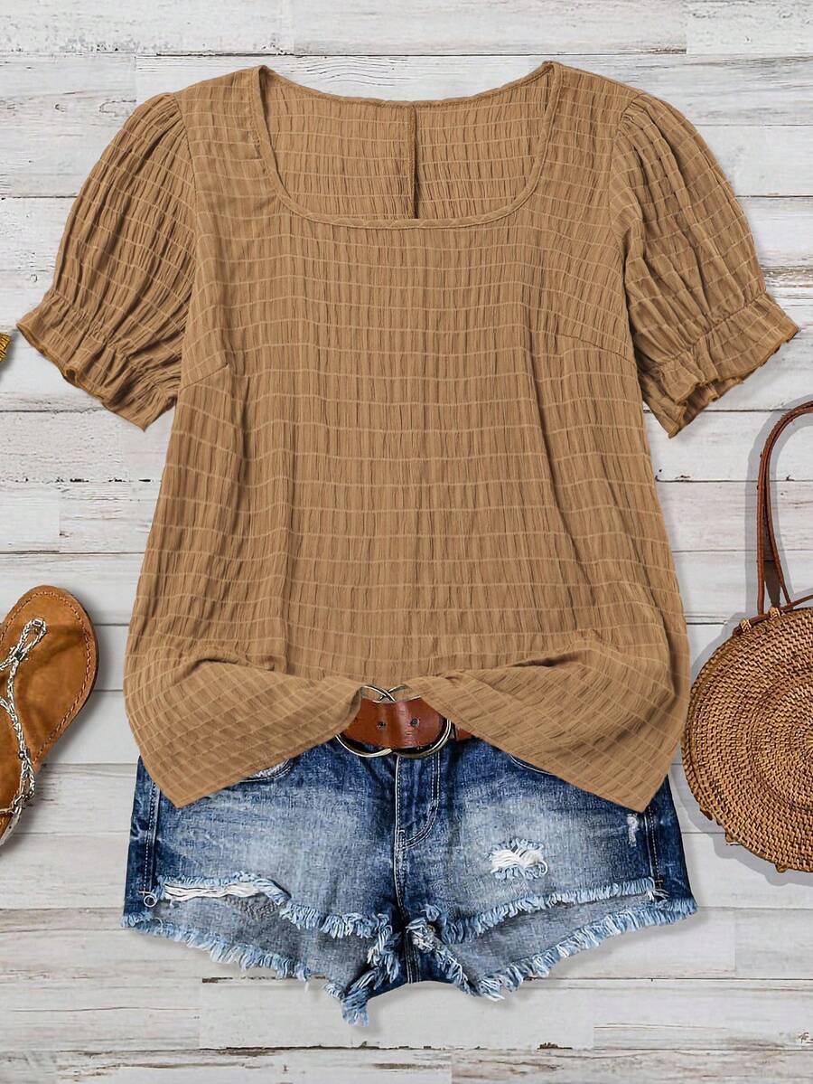 SHEIN VCAY Plus Size Solid Color Square Neck Casual Versatile Short Sleeve Shirt, Summer - Mocha Brown - View 1