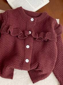 Sparklyn 青少年女孩时尚百搭通勤可爱休闲开衫和喇叭裤针织毛衣套装 - 咖啡棕 - 查看 6