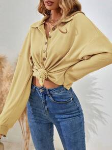 SHEIN LUNE Casual Loose Fit Solid Color Drop Shoulder T-Shirt, Spring/Autumn - Pale Yellow - View 4