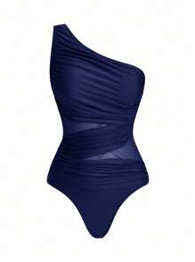 Swim Oasis 1 pieza Traje de baño de una sola pieza de unicolor para mujer con falda cubierta transparente - Azul Marino - Ver 4