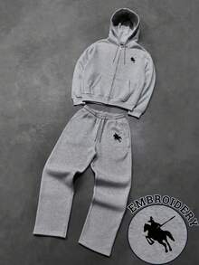 Manfinity Dauomo Men's Y2K Street Style Horse Embroidery Zip-Up Hoodie And Drawstring Sweatpants Set, Fall Clothes