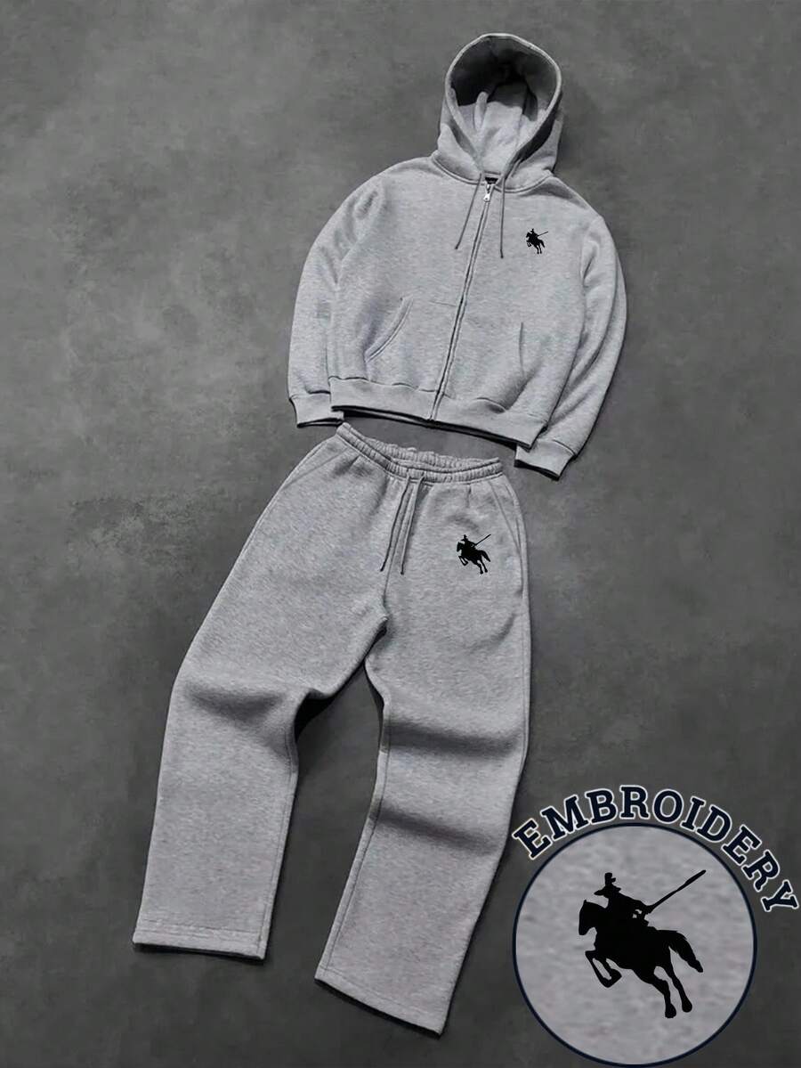 Manfinity Dauomo Men's Y2K Street Style Horse Embroidery Zip-Up Hoodie And Drawstring Sweatpants Set, Fall Clothes