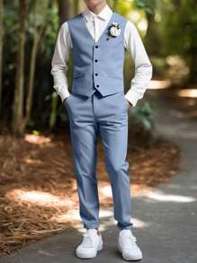 SHEIN 2 件套青少年男孩绅士装 - 薄荷绿色修身背心 + 优雅长裤，适合生日、派对、婚礼、毕业典礼的正式西装 - 淺藍色 - 查看 7