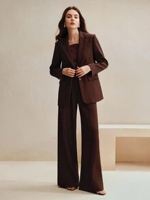 Anewsta Tall 都市时尚复古职业通勤百搭纯色翻领长袖西装外套+高腰垂褶女士西装裤，高个女士套装 - 棕色 - 查看 6