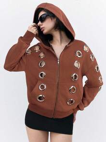 LYSMO Women's Fashionable Avant-Garde Cool Eyelet Hollow Design Pullover Hoodie, Autumn/Winter - Brown - View 5