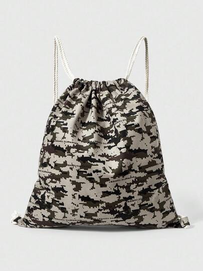 Grunge Punk Mochila con cordón de gran capacidad con diseño de estampado de letras de camuflaje vintage, mochila casual y de moda unisex adecuada para la escuela, vacaciones, fiestas, compras