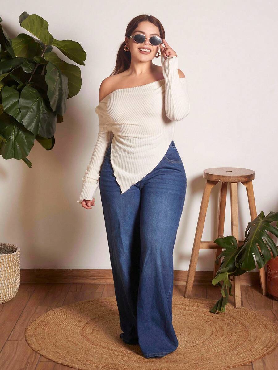 Lupita Cardoza Y2K Grunge 不对称领口莴苣边 T 恤 - 米色 - 查看 1