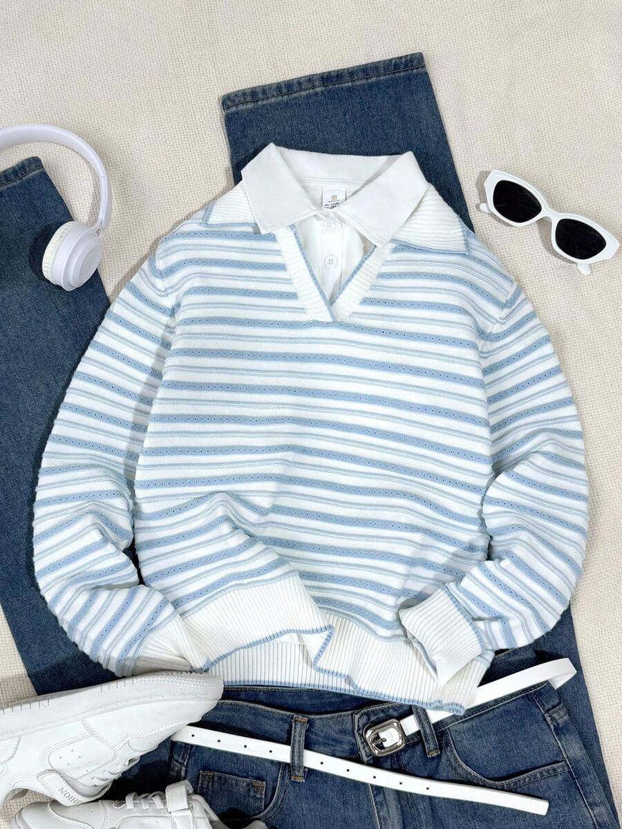 SHEIN 女童 V 领条纹针织毛衣,舒适柔软温暖秋冬返校夹克 - 彩色 - 查看 1