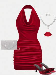 Girlism Teen Girl Solid Color Fashion Halter Neck Ruched Velvet Dress Fall Winter