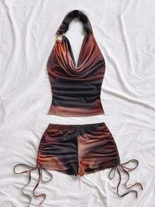 Soleia Set da 2 pezzi da donna per vacanze: top con spalline metalliche a canottiera e pantaloncini con coulisse in vita bassa, elegante e sexy, adatto per vacanze, feste, appuntamenti, spiaggia, estate, vacanze, matrimoni, crociere in spiaggia, vacanze in città, vacanze bohémien, festival musicali - Caffè Marrone - Visualizzare 5