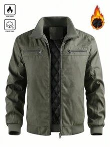 Manfinity Homme 男士休闲商务简约保暖长袖拉链冬季外套，秋季 - 軍綠色 - 查看 1