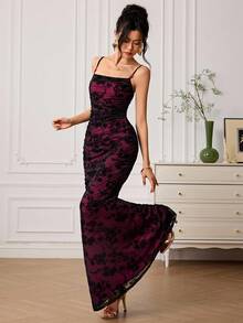EastFlair Váy Maxi đuôi cá phối lưới và nhung họa tiết hoa thanh lịch dành cho nữ - màu đen - Xem 2