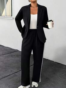 SHEIN MOOSTA Women's Casual Striped Blazer And Pants Set, Long Sleeve, Autumn/Winter - Black - View 5