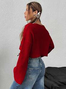 EURMUSE Maglione corto casual con scollo a V, decorato con fiocco - Rosso - Visualizzare 2