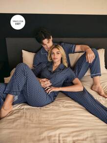 CoupledUp Multicolor Checkered Long Pant Pajama Set With Pockets And Ruffled Short Sleeves  Cozy And Elegant Details - Multicolor - View 1