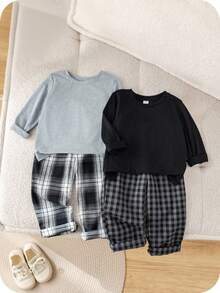 SHEIN 儿童/男孩 4 件套简约纯色圆领长袖 T 恤和格子图案宽松裤睡衣套装，柔软舒适的休闲家居服，适合所有季节 - 彩色 - 查看 6