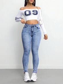 SHEIN Tall CURVE 大码女款蓝色牛仔弹力紧身裤 - 中等水洗藍 - 查看 6