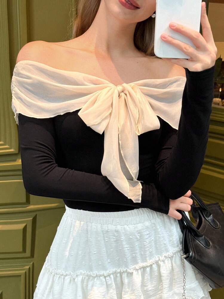Women's Color Block Lace-Up Off Shoulder Long Sleeve Fitted Pullover T-Shirt