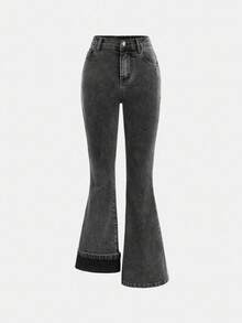 Girlism Tween Girl Casual Fashion Mångsidig Daglig Grå Enfärgade Tvättade Slim Fit Termofodrade Utsvängda Jeans, Denim Termofodrade Elastiska Slim Utsvängda Byxor, Flickor Höst Vinter Håller Varma Kläder Outfits, Lärarkläder För Flickor, Tillbaka Till Skolan Homecoming Outfits Flickor, Kyrkoklänning, Business Casual Outfits Flickor - Grå - Visa 3