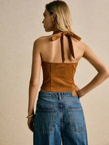 Poéselle Brown Top,Women's Faux Suede Halter Waistcoat Crop Top – Button-Front V-Neck Sleeveless Bustier,Waistcoat Crop Top, Brown Corset Top, Going Out Top,All Capsule Wardrobe, 70s  Faux  Suede Fashion, Boho,Y2K Night-Out Look,Women's Solid Color Button Design Ruched Cropped Fitted Halter Neck Tank Top Rust Brown Top Western Top Cowgirl Top Western Tops Buckle Top,Fall/Winter