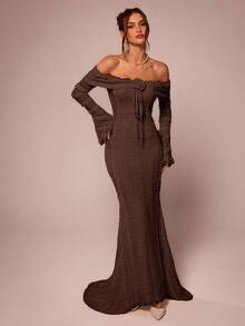 SHEIN BAE 茶歇装 甜美优雅长裙 露肩长袖连衣裙 约会装 3D花裙 - 咖啡棕 - 查看 3