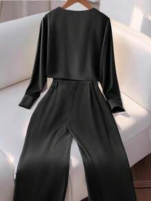 Franclia 2pcs Women's Fashion Elegant Round Neck Long Sleeve Shirt & Casual Pants Set Fall Cloth For Women Women Black Pantsuit Black Pants Suit Women Black Pants Set Women Women Black Suit Black Suit Set Women - Black - View 2