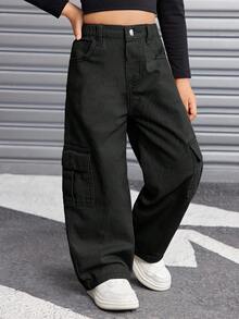 SHEIN Young Girl Y2K Cargo Pocket Loose Fit Casual Khaki Jeans, Girl Fall And Winter Street Cool Style Pant, Y2k Outfits For Girls, Black Cargo Pants For Girls, Kids Cargo Pants Y2k