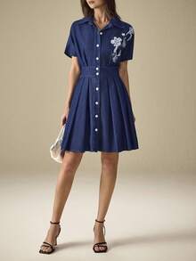 SHEIN Frenchy 休闲优雅女式牛仔连衣裙 - 藍色 - 查看 6