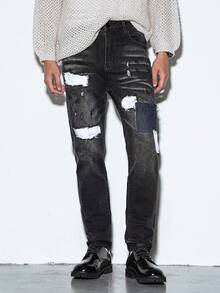 Manfinity EMRG Men's Casual Washed Distressed Patch Denim Jeans - Dark Grey - View 1
