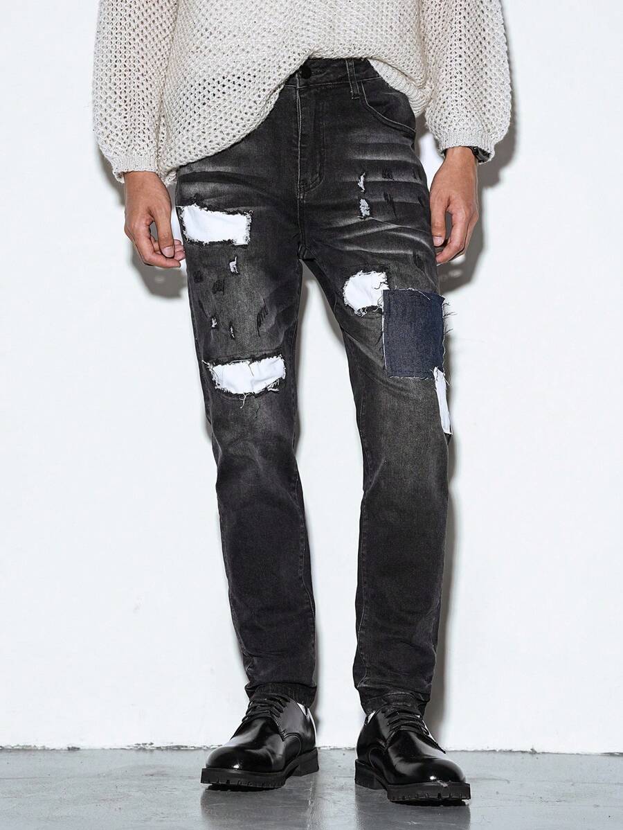 Manfinity EMRG Men's Casual Washed Distressed Patch Denim Jeans - Dark Grey - View 1