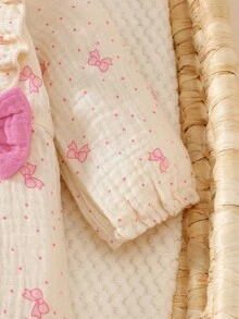 SHEIN Bộ đồ liền thân xuân/thu cho bé gái sơ sinh, phong cách công chúa, cotton mềm mại, họa tiết nơ dễ thương, thoải mái - Màu tím - Xem 7