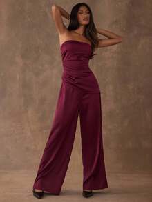 SHEIN BAE Set elegante da pendolare estivo composto da top tubo a orlo asimmetrico e pantaloni, di colore unito - Bordò - Visualizzare 6