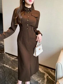 DAZY Women's Casual Solid Color Shirt Dress With Fake Pockets And Side Slits, Long Length, Autumn Maxi Dress - Brown - View 1