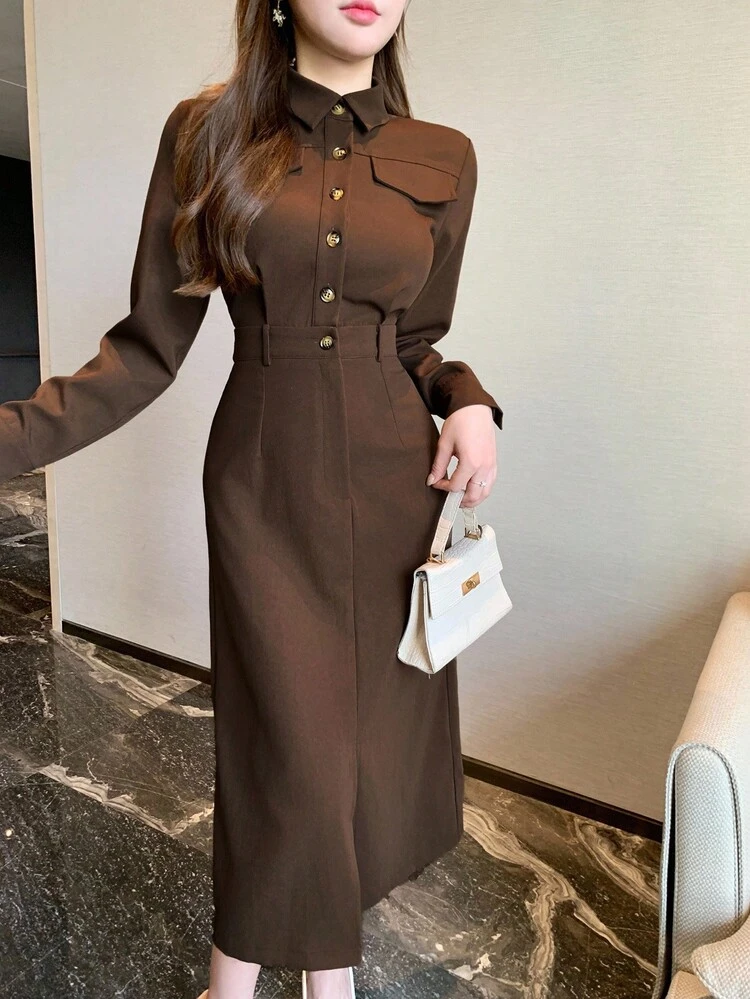 Women's Casual Solid Color Shirt Dress With Fake Pockets And Side Slits, Long Length, Autumn Maxi Dress