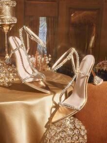 CUCCOO TILAWA Giày cao gót mũi nhọn đính đá Rhinestone quai mắt cá chân mùa hè cho nữ, Giày cao gót gợi cảm với tấm nhựa PVC trong suốt, Da PU màu trắng, Thích hợp cho hộp đêm, hẹn hò, lễ hội âm nhạc, tiệc thời trang - Rượu sâm banh - Xem 1