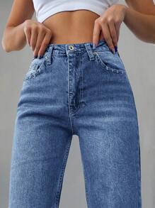 SHEIN Cottnline 斜口袋拉鍊門襟直筒牛仔褲 - 中等水洗藍 - 查看 5