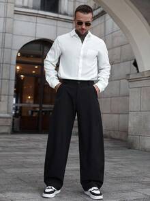 Manfinity CasualCool 1pc Mature Casual Style Suit Pants, Black 4-Way Stretch Knit Fabric, Tapered Leg Design, Casual Chic, Cool Style, Versatile For Commuting, Boyfriend/Husband Gift, Anniversary Gift