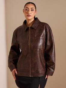 SHEIN BAE 大码女式秋季长袖拉链领PU皮革口袋宽松休闲夹克 - 棕色 - 查看 9