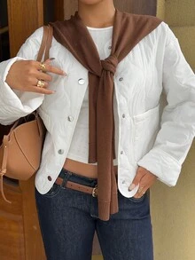 SHEIN Unity Women's Casual Simple Round Neck White Gourd Quilted Padded Coat With Large Pockets - White - View 3