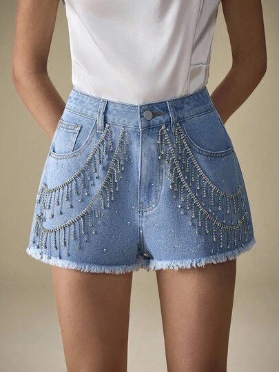 Selenza 女士时尚夏季水钻流苏装饰牛仔短裤