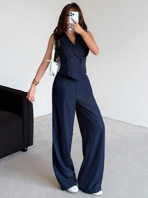 SHEIN Teen Girls Casual Minimalist Comfortable V-Neck Sleeveless Top And Pants Set