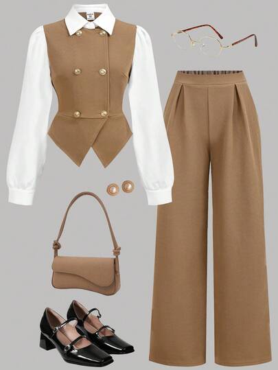 SHEIN Conjunto de ropa informal para adolescentes, compuesto por camisa de solapa de doble botonadura con parches y pantalones de unicolor, conjunto de traje casual marrón, conjunto de ropa de mujer con chaleco marrón, conjunto de vestir informal
