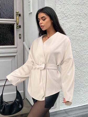 MainGRL Damen Aprikot Vorderbindung Langarm Minimalistische Übergangsmantel für Herbst/Winter