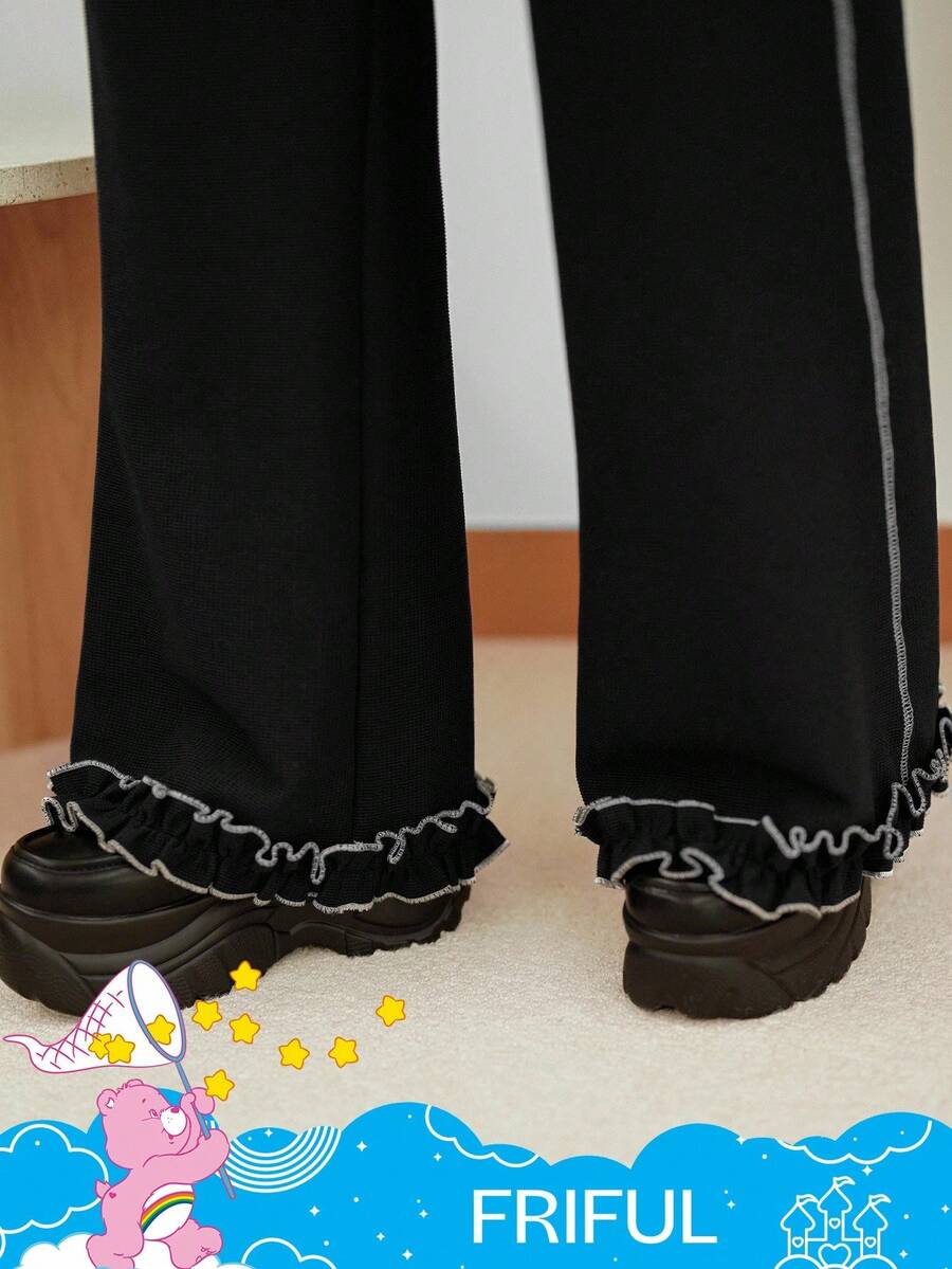 FRIFUL SHEIN X Care Bears Quần dài họa tiết gấu bo gấu cạp chun rộng rãi cho nữ - màu đen - Xem 1