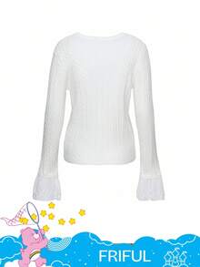 SHEIN X Care Bears FRIFUL 女式圆领喇叭袖撞色蕾丝紧身毛衣，正面有字母刺绣 - 白色 - 查看 11