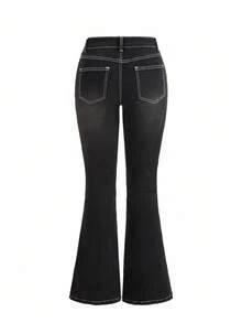 Shutterstock Y2Kool 女士十字绣水钻做旧牛仔裤，秋冬街头风，万圣节，Y2K风格牛仔裤，十字绣牛仔裤，印花牛仔裤，水钻牛仔裤，喇叭牛仔裤，搭配建议，休闲时尚服装系列，新年穿搭，棉质 - 黑色 - 查看 5