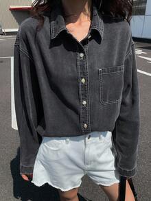 DAZY 浅色水洗牛仔衬衫，有领，有口袋，宽松长袖，春夏秋 - 深灰色 - 查看 6